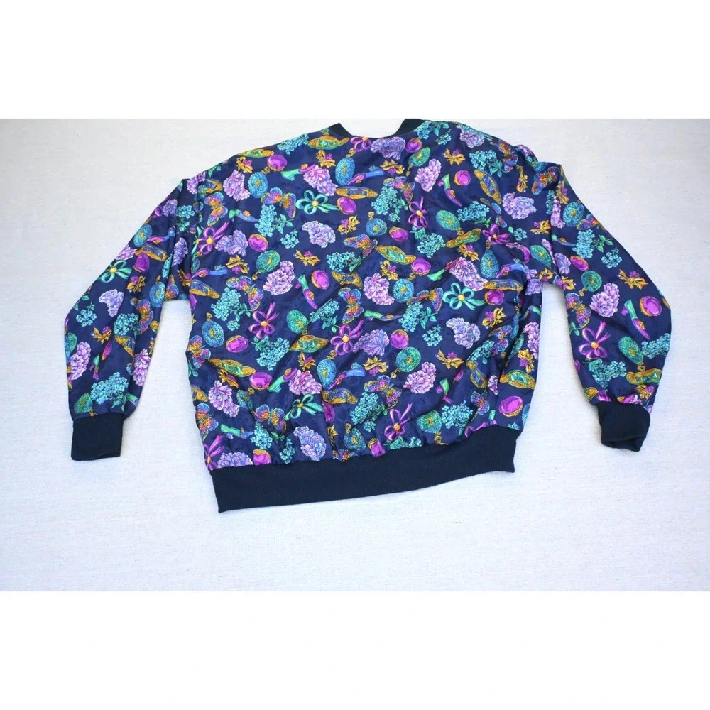 Vintage 90s Caribou Womens M Bomber Jacket Navy Perfume Print Zip Front Bold
